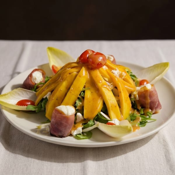 A vibrant salad with mango slices, cherry tomatoes, prosciutto-wrapped cheese, and endive on a white plate.