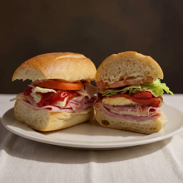 Two halves of a deli sandwich with ham, cheese, lettuce, tomato, and red sauce on a white plate.