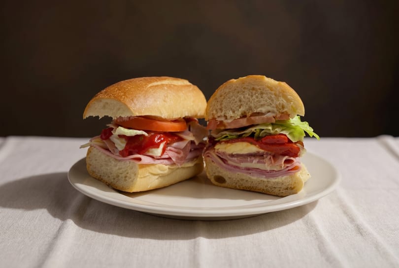 Two halves of a deli sandwich with ham, cheese, lettuce, tomato, and red sauce on a white plate.