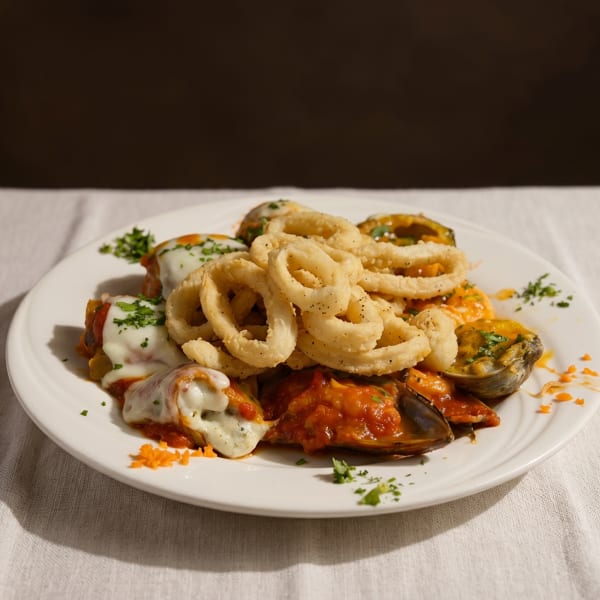 A white plate holds fried calamari, mussels, and clams in red sauce with melted cheese.