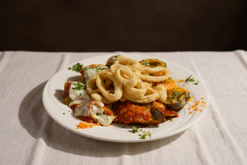 A white plate holds fried calamari, mussels, and clams in red sauce with melted cheese.