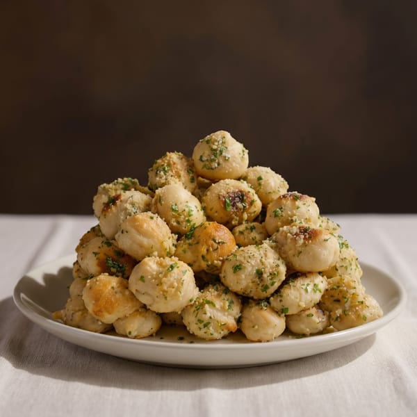 A large pile of golden-brown garlic knots, sprinkled with parsley and parmesan cheese, on a white plate.