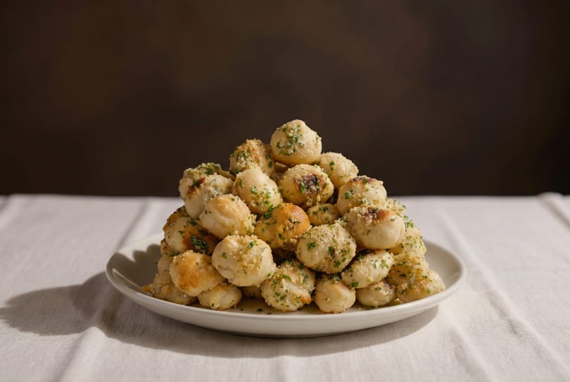 A large pile of golden-brown garlic knots, sprinkled with parsley and parmesan cheese, on a white plate.
