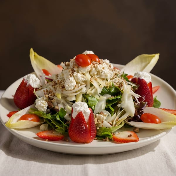 A vibrant salad with strawberries, goat cheese, nuts, cherry tomatoes, and endive on a white plate.